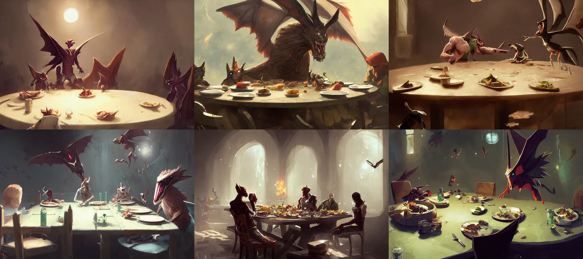 Prompt: noivern eating dinner at a table happiness is temporary by greg rutkowski