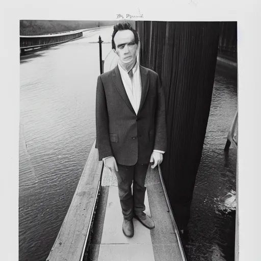 Prompt: Candid portrait photograph of Professor Moriarty standing on a bridge, accurate face, correct face, symmetrical face, taken by Annie Leibovitz