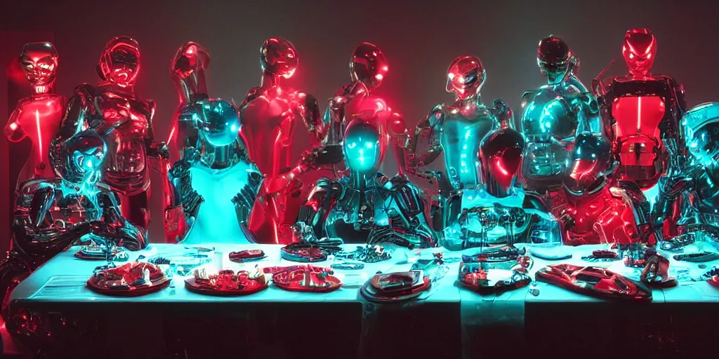 Image similar to !13 diverse cybersuits on !one_side of a reflective !cybernetic table, !!posing_as_last_supper cinematic lighting, detailed glowing red implants, teal, satin, !!highly detailed
