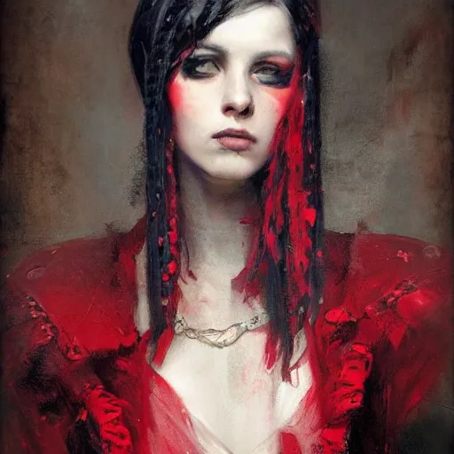 Image similar to Solomon Joseph Solomon and Richard Schmid and Jeremy Lipking victorian genre painting portrait painting of a young beautiful woman punk rock goth with punk rock haircut in fantasy costume, red background