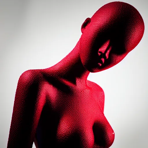 Prompt: “ a beautiful mannequin covered in red and black 3 d printed wavetable synthesis, 4 k, photorealistic, octane render, volumetric lighting, hyper detailed, ”