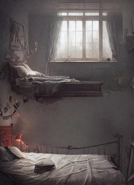 Image similar to a dreary bedroom where the wall behind the bed melts away to reveal fantastical scenes of dreams, dreams invading mundane spaces, fantasy infiltrating reality, bubbles of the impossible, swirls of magic, 8k, ultradetailed, illustrated by Greg Rutkowski and Caspar David Friedrich.