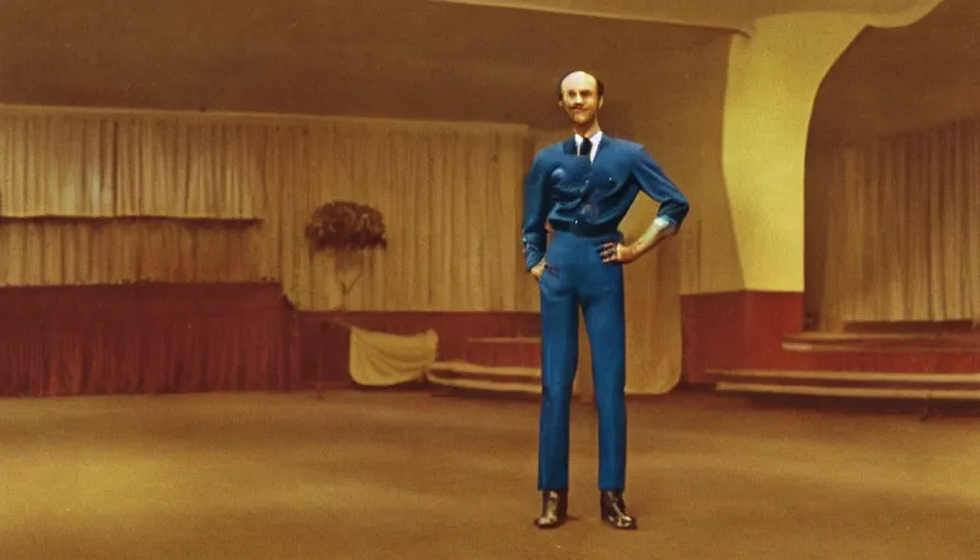 Image similar to 70s movie still of a man with elongated head in a soviet ballroom, eastmancolor, heavy grain, high quality, higly detailed, liminal space