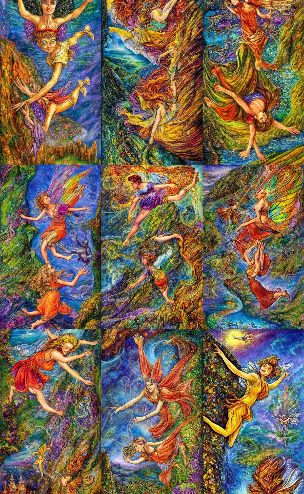Prompt: art for the fool tarot card, fairy flying off the edge of a cliff, painting by josephine wall, magic realism, fantasy, whimsical