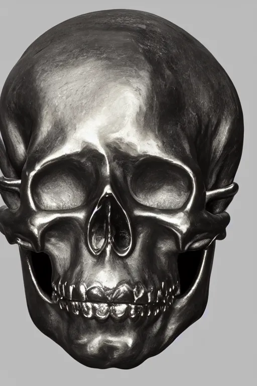 Image similar to opened head showing part of the silver skull sculpture by bernini and hedi xandt made with black marble with partial gold plating, realistic