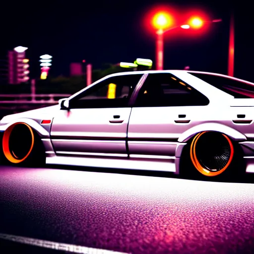 Image similar to a car JZX100 twin turbo drift at illegal car meet, Shibuya prefecture, city midnight mist lights, cinematic lighting, photorealistic, highly detailed wheels, high detail