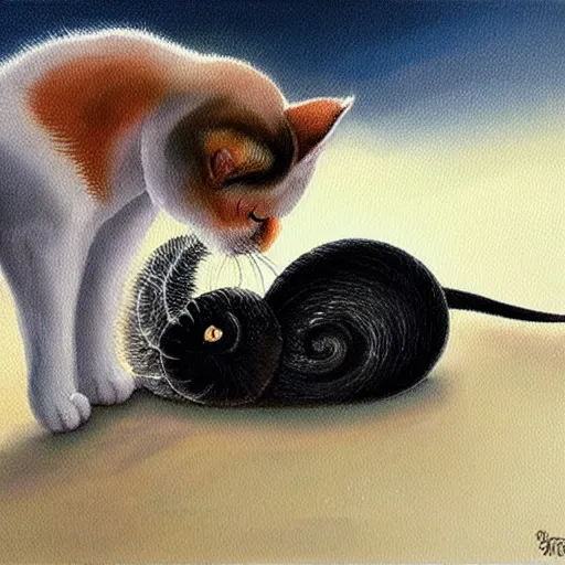 Prompt: a beautiful painting of a cute cat kiss a lovely snail
