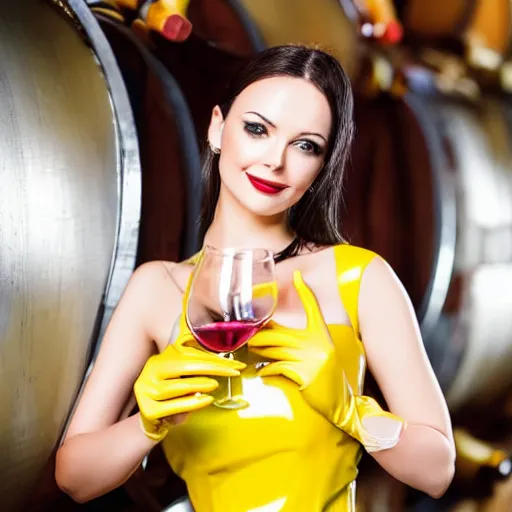 Prompt: Breathtakingly beautiful lady with beautiful face in yellow latex gloves holding a wonderful glass of wine