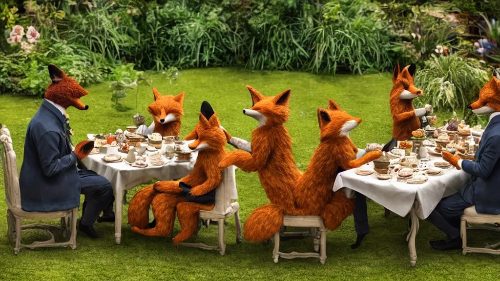 Image similar to film still from the movie chappie outdoor park plants garden scene bokeh depth of field several figures sitting down at a table having a delicious grand victorian tea party crumpets furry anthro anthropomorphic stylized fox wearing suit