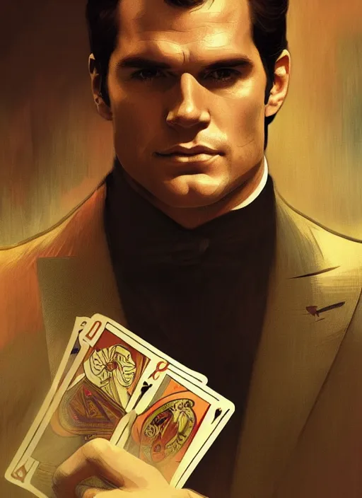 Image similar to portrait of henry cavill as james bond, casino, poker cards, highly detailed, digital painting, artstation, concept art, cinematic lighting, sharp focus, illustration, by gaston bussiere alphonse mucha