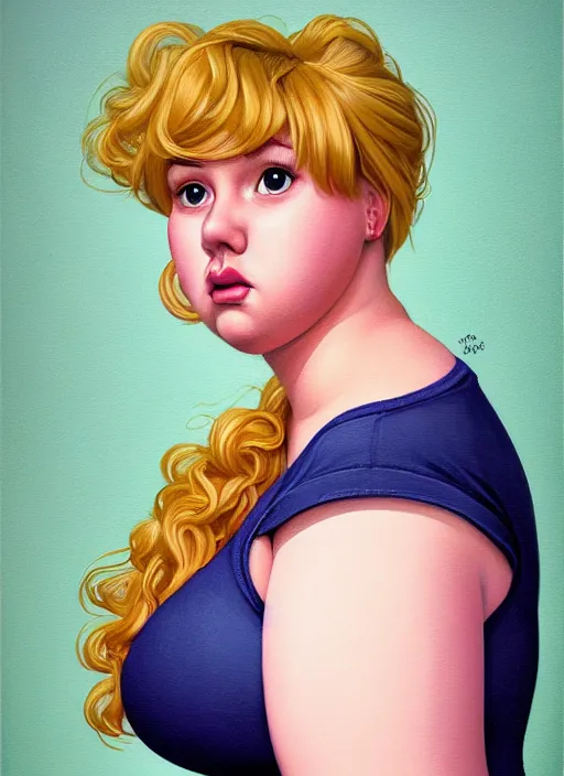 Image similar to full body portrait, teenage betty cooper, blonde hair, obese, bangs, ponytail, sultry, realistic, sultry smirk, fluffy bangs, curly bangs, fat, belly, beautiful girl, intricate, elegant, highly detailed, digital painting, artstation, concept art, smooth, sharp focus, illustration, art by wlop, mars ravelo and greg rutkowski