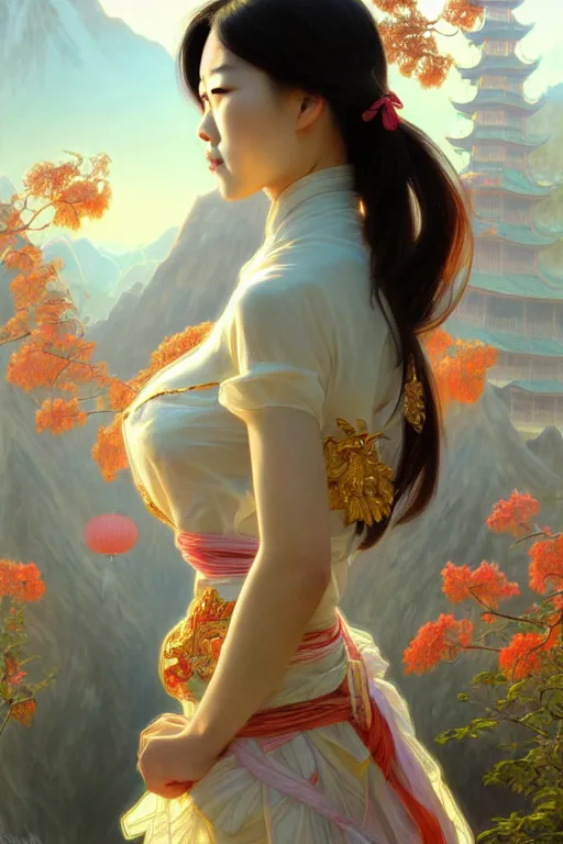 Image similar to clear portrait of a chinese attractive women, cottagecore!!, background hyper detailed, character concept, full body, dynamic pose, glowing lights!! intricate, elegant, highly detailed, digital painting, artstation, concept art, smooth, sharp focus, illustration, art by artgerm and greg rutkowski and alphonse mucha