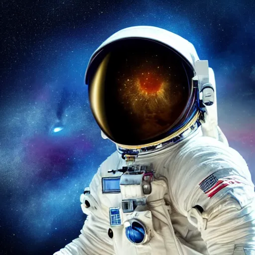 Prompt: close up of an astronaut staring into space, nebula behind him, stunning digital art