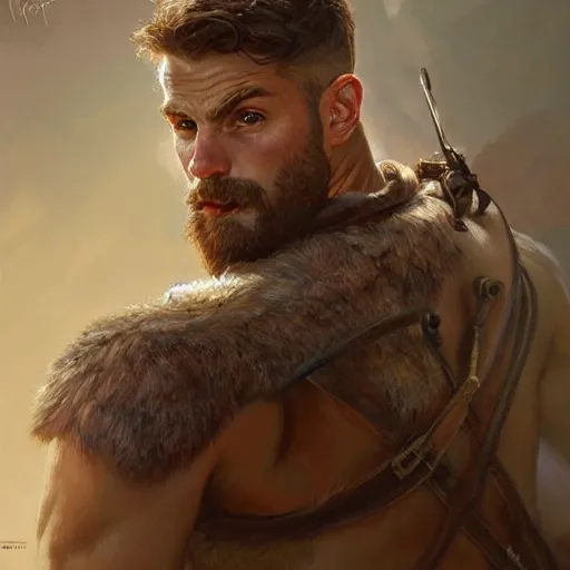 Image similar to portrait of a young rugged ranger, muscular, upper body, hairy torso, D&D, fantasy, intricate, cinematic lighting, highly detailed, digital painting, artstation, concept art, smooth, sharp focus, illustration, art by Artgerm and Greg Rutkowski and Alphonse Mucha