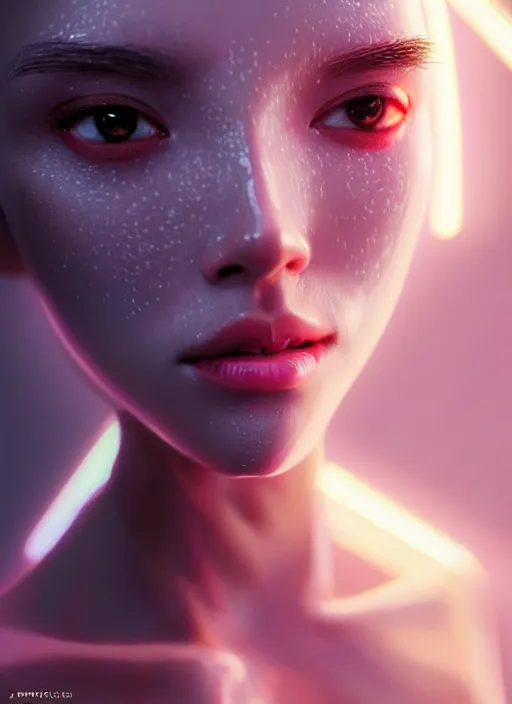 Prompt: photorealistic portrait of oriental female humanoid, freckle cheek, cyber neon lightings, highly detailed, cyberpunk high fashion, elegant, crispy quality, trending in artstation, trending in pinterest, glamor pose, no signature, no watermark, cinematic, octane render, art by artgerm, art by greg rutkowski, art by pascal blanche