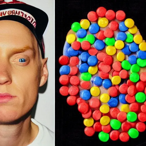 Prompt: eminem's face made of m & ms candy