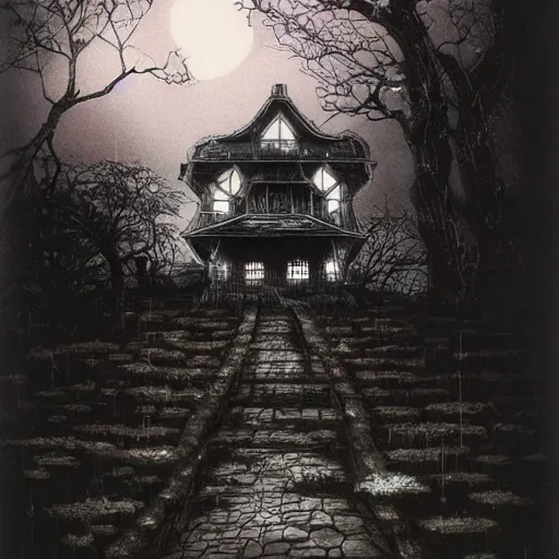 Prompt: The Haunted House on the Hill by Yoshitaka Amano.