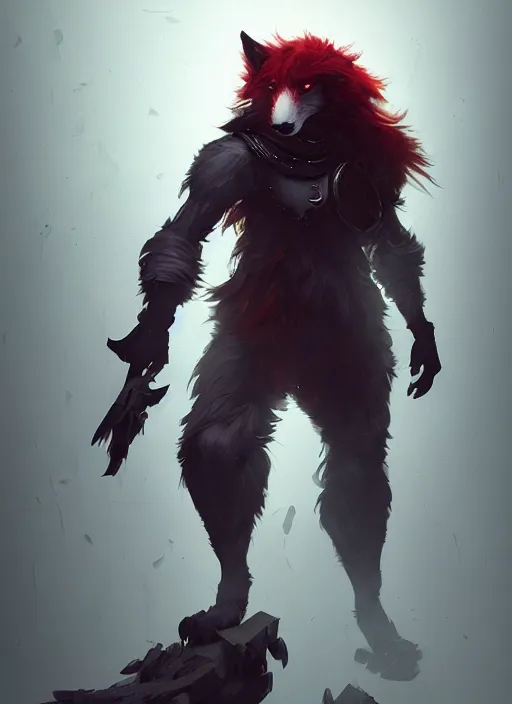 Image similar to handsome dark gray male anthropomorphic wolf fursona, long red hair wearing destiny 2 armor. character design by cory loftis, fenghua zhong, ryohei hase, ismail inceoglu and ruan jia. artstation, volumetric light, detailed, photorealistic, fantasy, rendered in octane