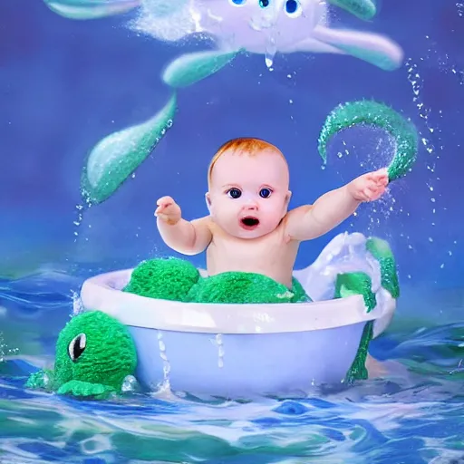 Image similar to cute baby cthulu splashing in the ocean-H 768