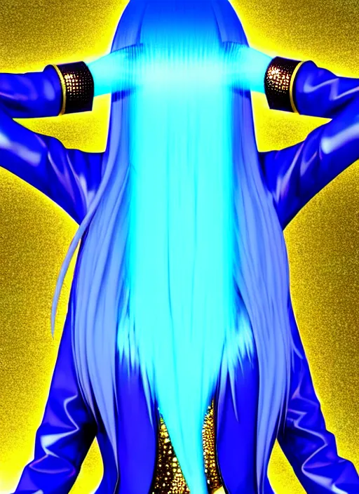 Image similar to a hologram of rimuru tempest, sky blue hair, golden eyes, wearing a black stylish jacket, pixiv 3 d render, holography, irridescent, covered by baroque bedazzled ornamental frames