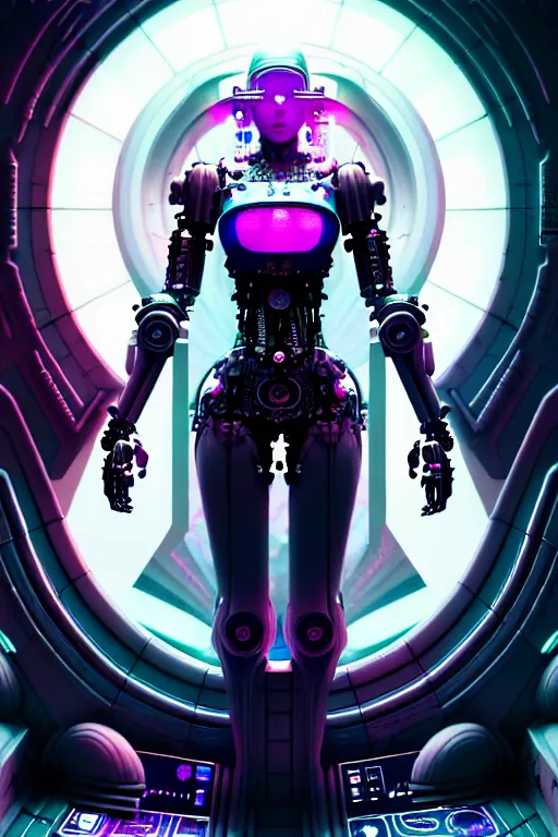 Prompt: ultra detailed female android deity, robot, cyborg, altar, futuristic gothic environment, ethereal flowerpunk, scifi, fantasy, cyberpunk, octane render, megalopolis, unreal engine, asymmetrical!!! intricate concept art, triadic color, art by artgerm and wlop and giger and greg rutkowski and alphonse mucha, 8 k