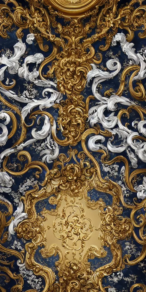 Image similar to the source of future growth dramatic, elaborate emotive Golden Baroque and Rococo styles to emphasise beauty as a transcendental, seamless pattern, symmetrical, large motifs, sistine chapel ceiling, 8k image, supersharp, Gold blue black and white, 3D, no blur, sharp focus, photorealistic, insanely detailed and intricate, Octane render, 8K