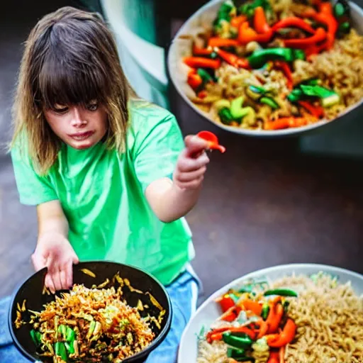 Image similar to kid with long hair and a mustache eating vegetable fried rice