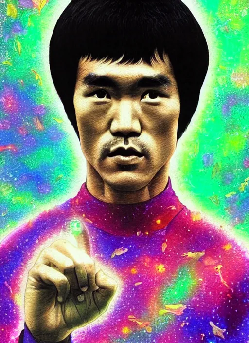 Prompt: portrait of Bruce Lee as a Celestial of a futuristic pearlescent holographic, inside future fighter, sci-fi, fantasy, intricate, lush garden spaceship with sakura season flowers in Kyoto Japan, elegant, human anatomy, royal green and nature light, highly detailed, digital painting, artstation, concept art, smooth, sharp focus, illustration, art by tian zi and WLOP and alphonse mucha, masterpiece, 3d blender