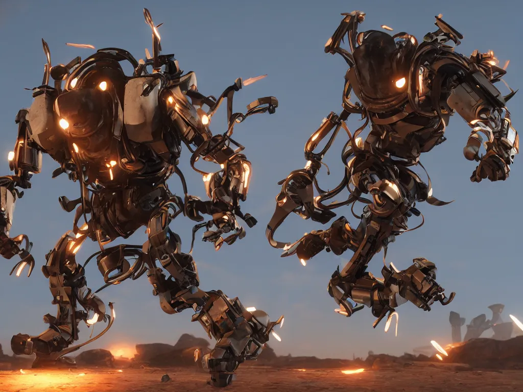 Prompt: Retro futuristic damaged combat walker exoskeleton jumps over a rift, highly detailed, sharp focus, illustration, cinematic lighting, Unreal Engine 5