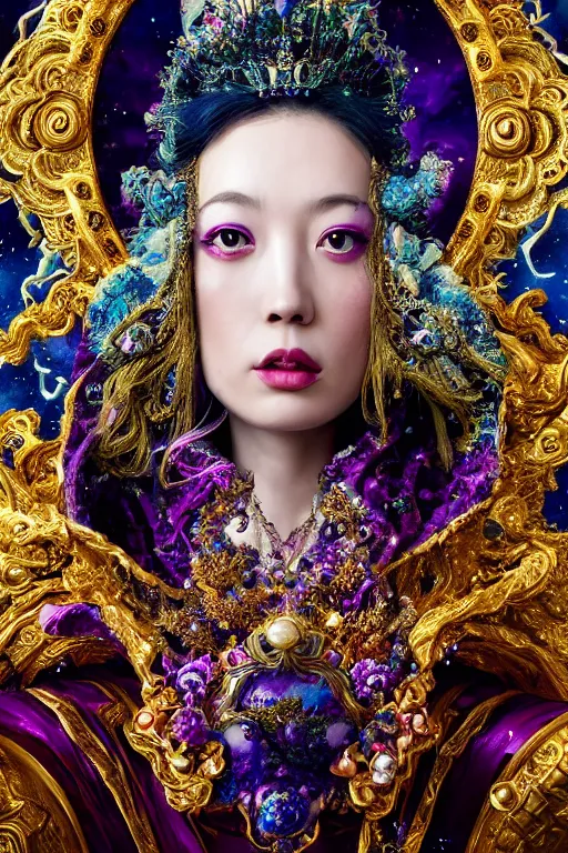 Image similar to a beautiful empress portrait, with a brilliant, impossible striking big cosmic galaxy headpiece, clothes entirely made out of cosmos chaos energy, symmetrical, dramatic studio lighting, rococo, baroque, jewels, asian, hyperrealism, closeup, D&D, fantasy, intricate, elegant, highly detailed, digital painting, artstation, octane render, 8k, concept art, matte, sharp focus, illustration, art by Artgerm and Greg Rutkowski and Alphonse Mucha