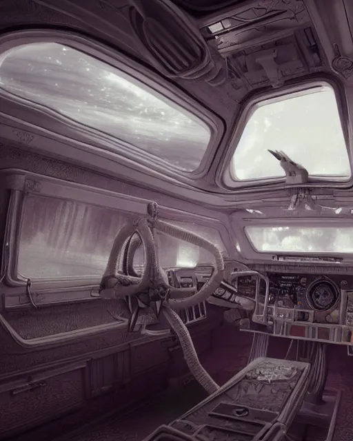 Prompt: highly detailed interior of a retro spacecraft with large windows, depth of field, fashion photoshoot by hyung tae, frank frazetta, bosch, giger, breathtaking, detailed and intricate environment, 8 k resolution, hyperrealistic, octane render
