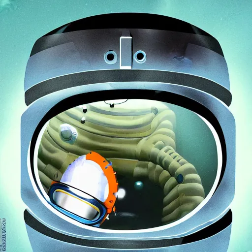 Image similar to a fish wearing a diving helmet inside the airlock of a space station, sci-fi illustration,