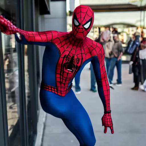 Image similar to spiderman standing in line at starbucks, photorealistic