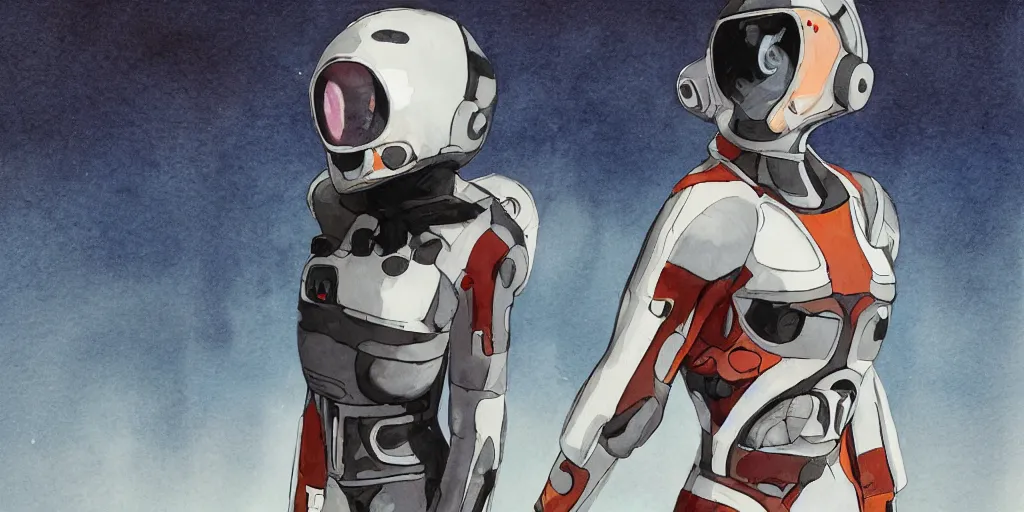 Image similar to female, full body, wide shot, modern space suit, intriguing helmet, stylized character design, the expanse tv series, large shoulders, short torso, long thin legs, tiny feet, science fiction, hyperdetailed, technical suit, dieselpunk, watercolor digital painting, in the style of bruce timm, by alex maleev