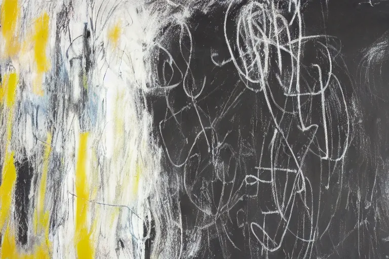 Prompt: large scale chalkboard painting by cy twombly, sparse brush strokes, high resolution art scan, well lit