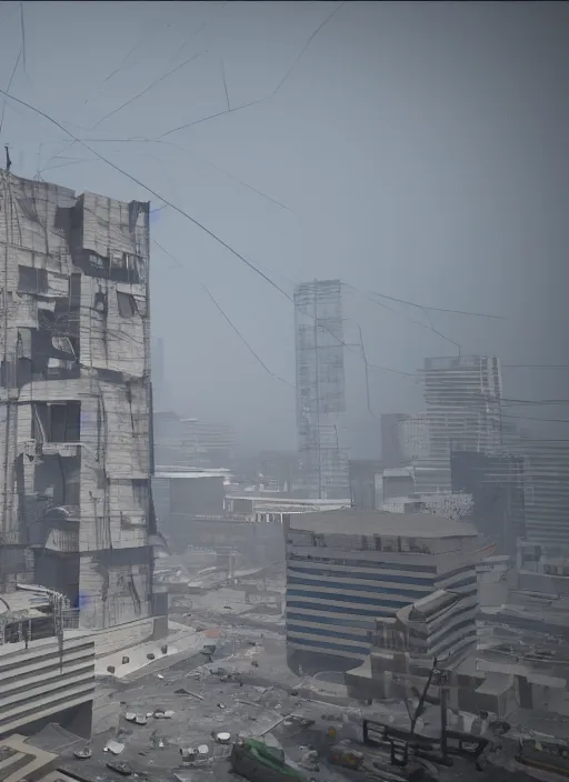 Image similar to Giant concrete building hovering above a city, dragging cables, dust debris and smoke all around | hyperrealistic | highly detailed Dystopic | Cinema 4D