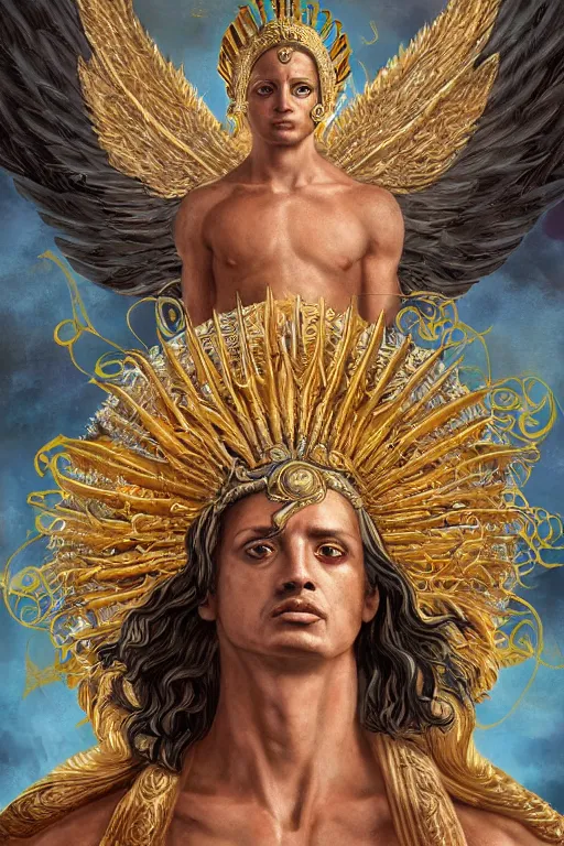 Image similar to a Chihuahua God with a radiant halo and wings, detailed face, gorgeous, flowing hair, very muscular male body, partial anatomy, stormy and grand war scene, delicate and intricate borders for decoration, caesar victorious, proud Emperor, split lighting, character close-up, intricate, highly detailed, 8K, digital painting, fantasy, concept art, sharp focus, art by greg rutkowski beeple and alphonse mucha