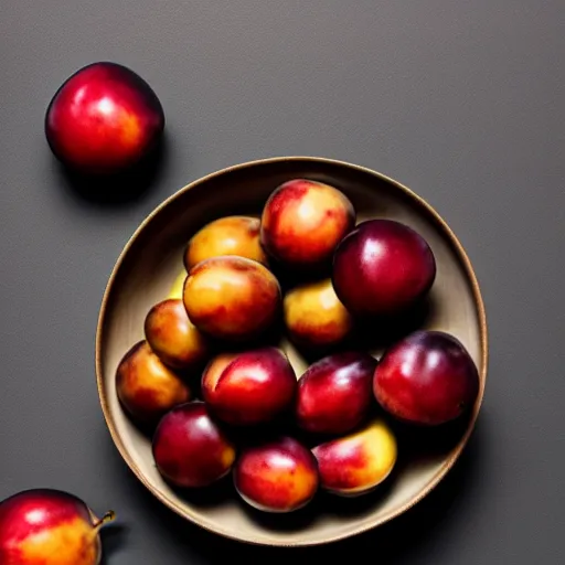 Image similar to photo of a thick porcelain bowl filled with a few moist freshly picked plums on a wooden table. volumetric lighting. 4 k. small scale. realistic. top down.