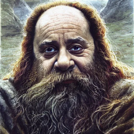 Image similar to portrait of danny devito as gimli, by alan lee, lord of the rings calendar, smooth, detailed terrain, oil painting, matte painting, concept art, trending on artstation, promotional artwork, film still, elegant, photorealistic facial features, intricate, detailed face, cinematic lighting