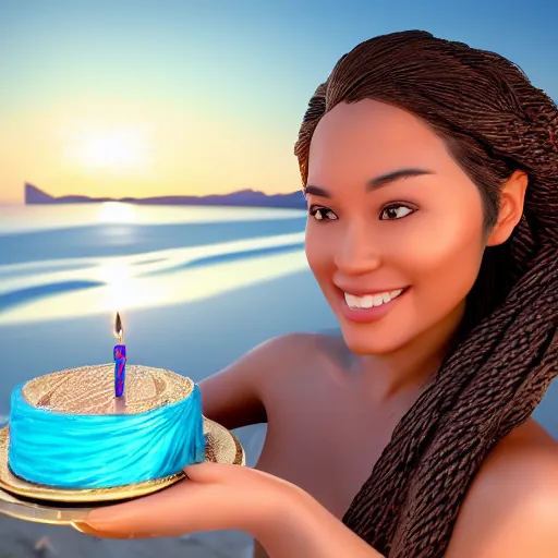 Prompt: Render of a beautiful 3d woman holding a birthday cake to show the camera, hair braided into Inuit hair loops, Inuit heritage, golden skin tone, blue eyes, blue tunic, full round face, proud smile, golden hour, serene beach setting, medium shot, mid-shot, hyperdetailed, trending on Artstation, Unreal Engine 4k