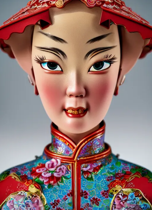 Image similar to closeup portrait of tin toy china cheongsam girl trap, depth of field, zeiss lens, detailed, symmetrical, centered, fashion photoshoot, by nicoletta ceccoli, mark ryden, lostfish, breathtaking, 8 k resolution, extremely detailed, beautiful, establishing shot, artistic, hyperrealistic, octane render