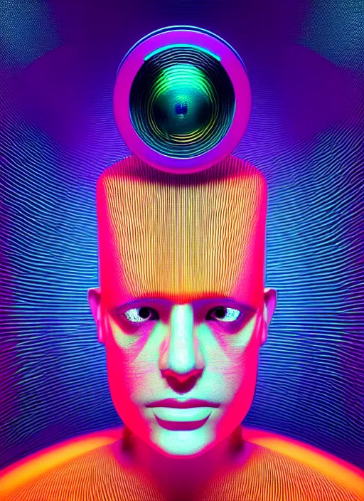 Image similar to highly detailed surreal vfx avante garde portrait of a 3 d head made of speaker stacks. 🔈 polyphonic pulse projections, liquid light, metallic, galactic, crystalline edges, elegant, centered, photorealistic, inspired by james jean, okuda sam miguel, android jones, beeple, rhads nvidia raytracing demo, 8 k