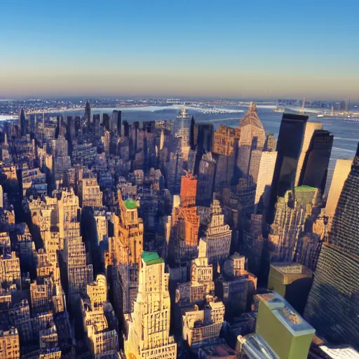 Image similar to 3rd person view, helicopter, flying over new york skyline, 4k, HD, cinematic lighting