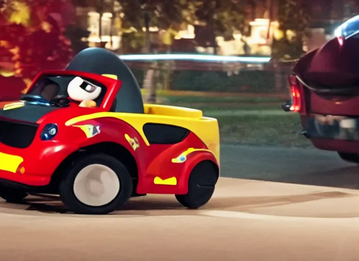 Image similar to peter dinklage driving a little tikes car at night, movie still, from the new fast and furious movie, 8 k, realistic