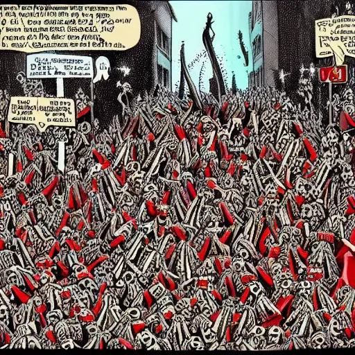 Prompt: where's waldo strip, in dante's hell, lots of demons