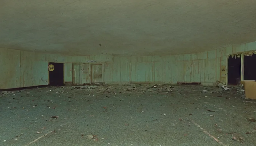 Prompt: 7 0 s film still from a horror movie with one person standing omniously in an abandoned bowling alley, kodachrome, cinecolor, cinestill, photorealism, cinematic, film grain, film texture, vhs recording