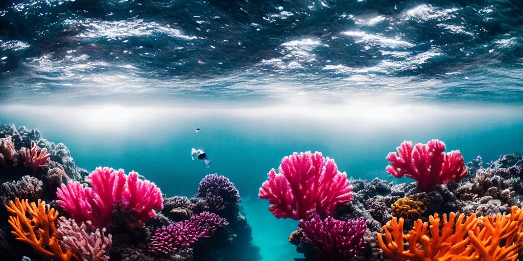 Image similar to a great photograph of the most amazing golf hole in the world, perfect light, under water, colorful coral reef, ambient light, 5 0 mm, golf digest, top 1 0 0, fog