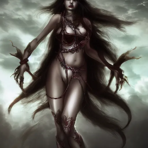 Image similar to majestic and regal portrait of a beautiful demon goddess!!, epic, 8 k, extreme details, sharp focus, elegant, volumetric lighting, volumetric fog