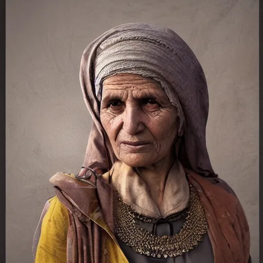 Image similar to hyperrealistic mixed media high resolution image of a beautiful Kurdish grandmother, stunning 3d render inspired art by István Sándorfi and Greg Rutkowski and Unreal Engine, perfect symmetry, dim volumetric lighting, 8k octane beautifully detailed render, post-processing, extremely hyper-detailed, intricate, epic composition, highly detailed attributes, highly detailed atmosphere, full body shot, cinematic lighting, masterpiece, trending on artstation, very very detailed, masterpiece, stunning, flawless structure, lifelike texture, perfection,