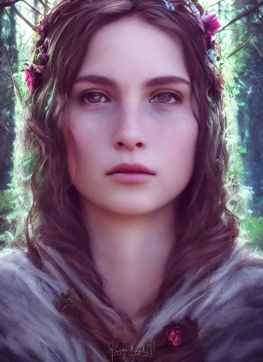 Image similar to portrait of a gorgeous princess of the forest, 8k render, ultra realistic, cinematic lighting, artstation, Annie Leibovitz, artgerm